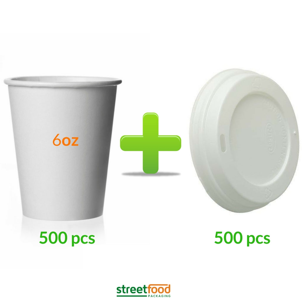 6oz white hot cup bundle with matching lid - 500pcs each