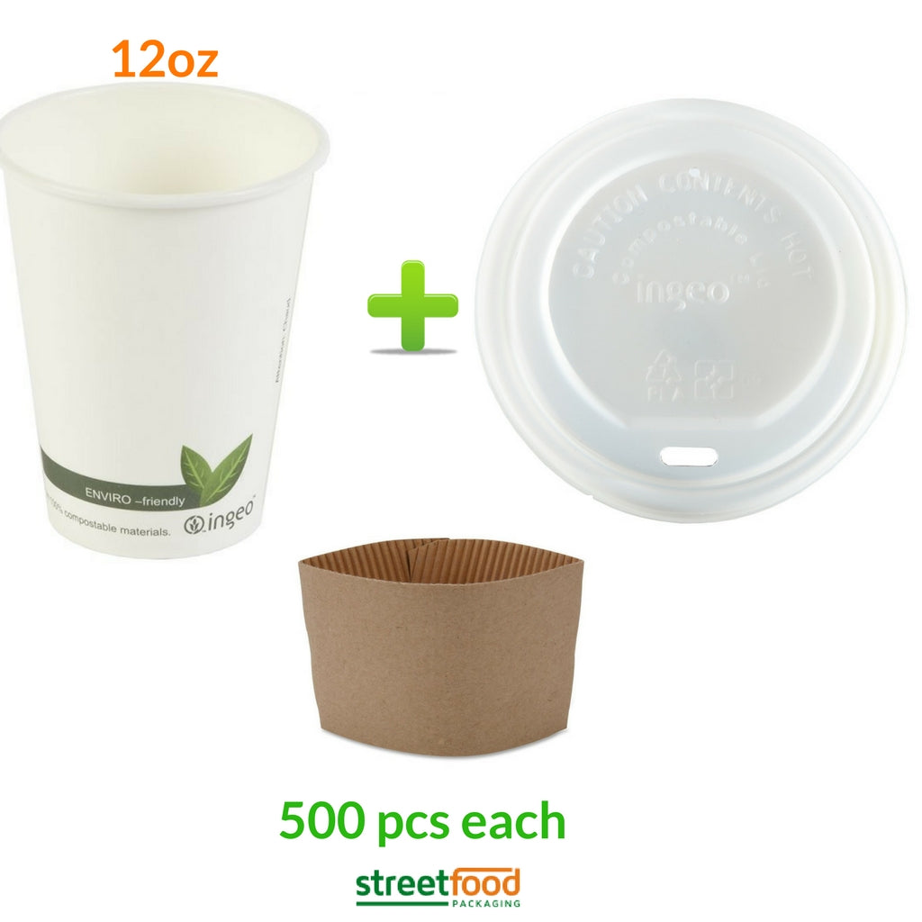 500 pieces of complete set of compostable cups and lids and sleeves