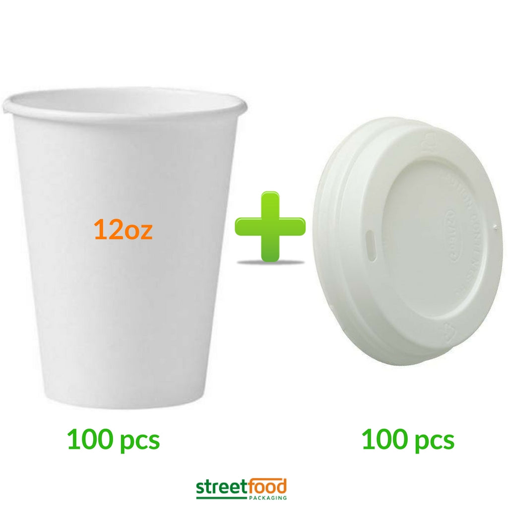 12oz White Hot Coffee Cup with White Matching Lids - 100 pieces