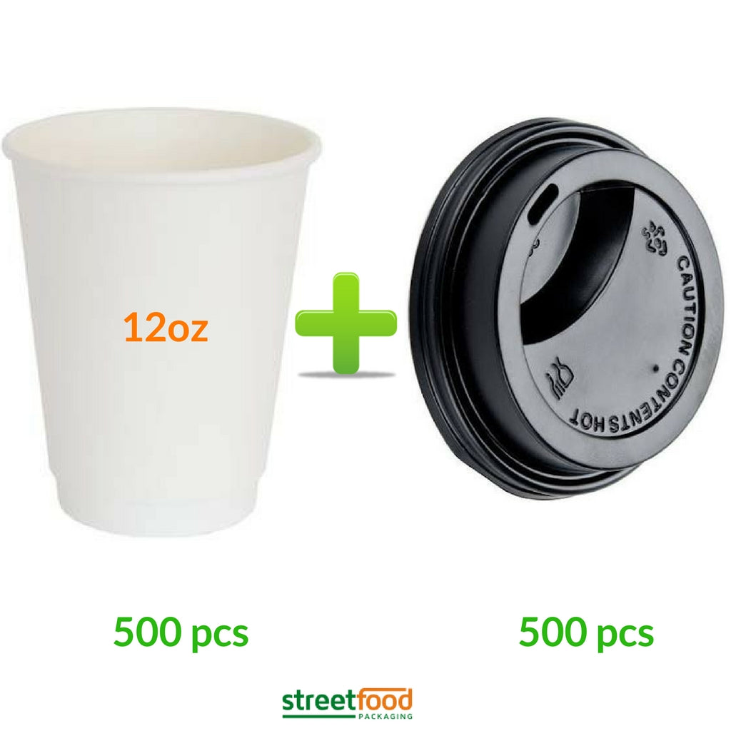 double wall 12oz white hot paper cup for coffee and tea with black lid 500 pcs