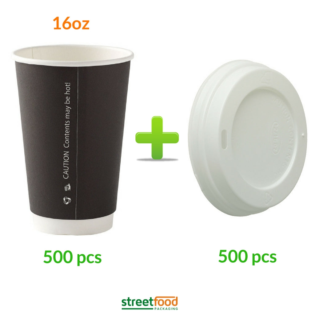 16oz Black Double wall cups with lids - 500