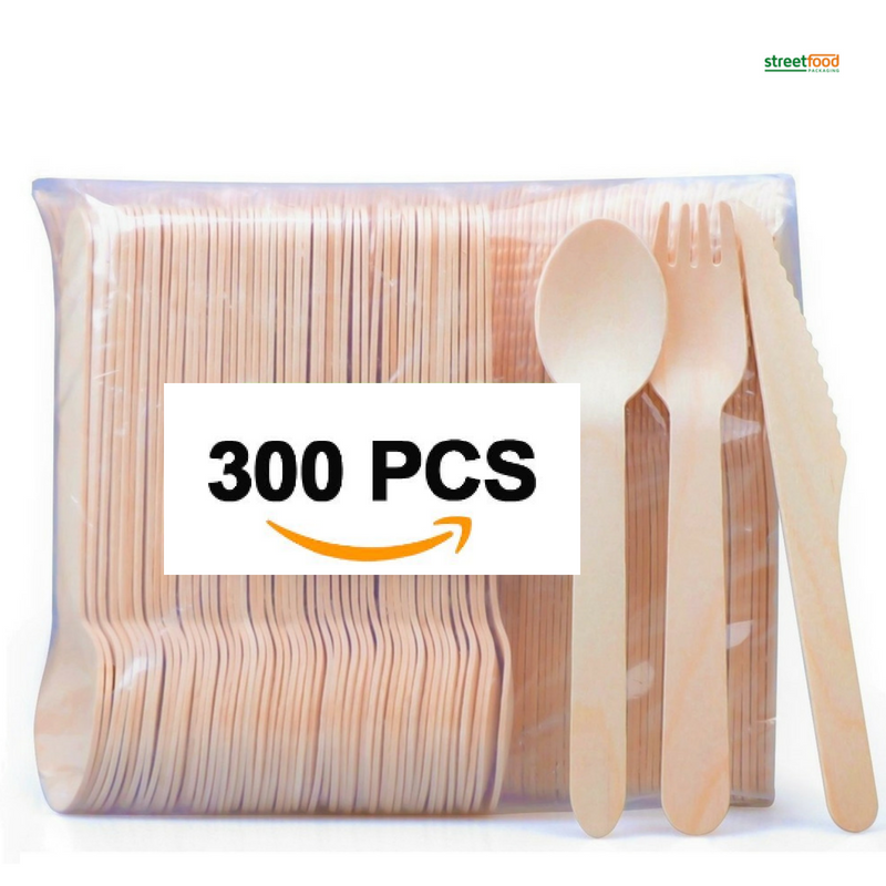 Disposable Wooden Cutlery 300 pack -Forks(100), Knives(100) and Spoons(100), Perfect Alternative For Plastic P215 (300)