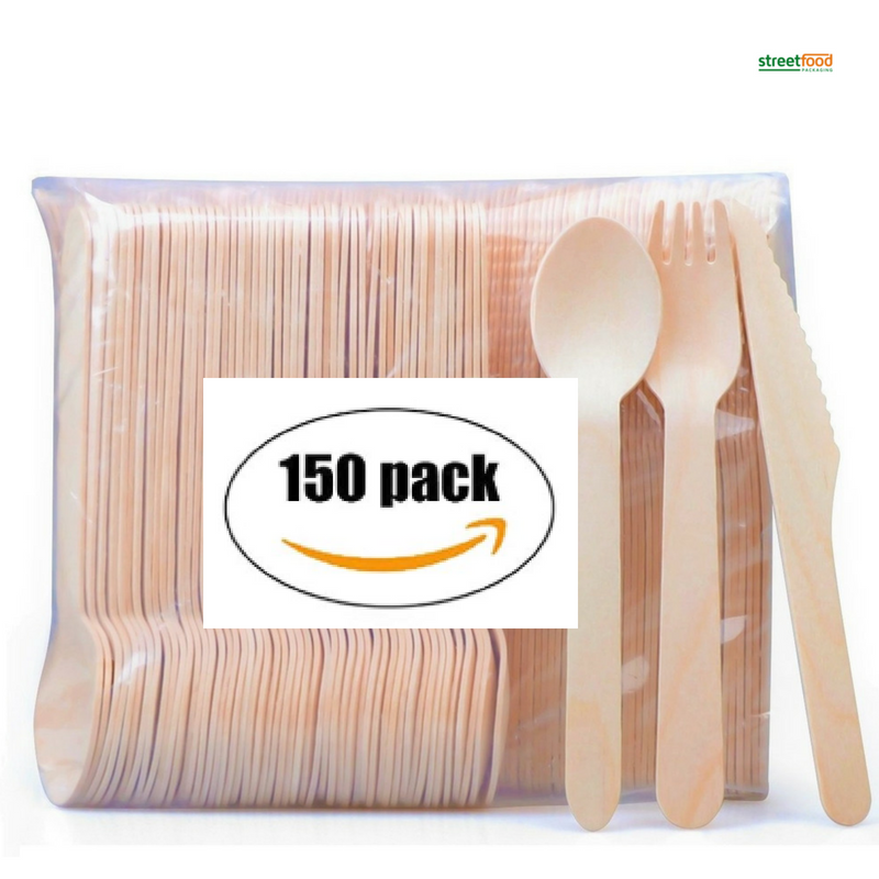 Disposable Wooden Cutlery 150 pack -Forks(50), Knives(50) and Spoons(50), Perfect Alternative For Plastic P215 (150)