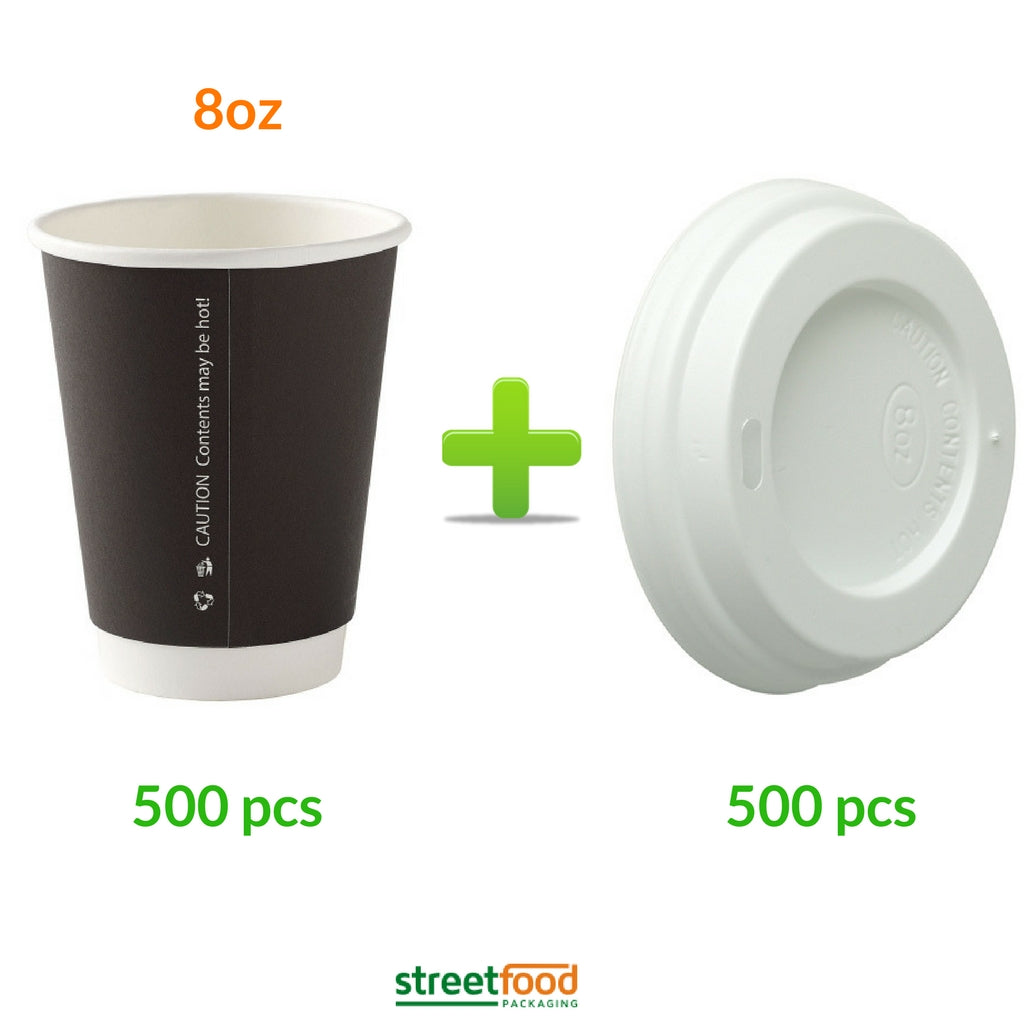 8oz Black Double Wall Cups with matching Lids - 500