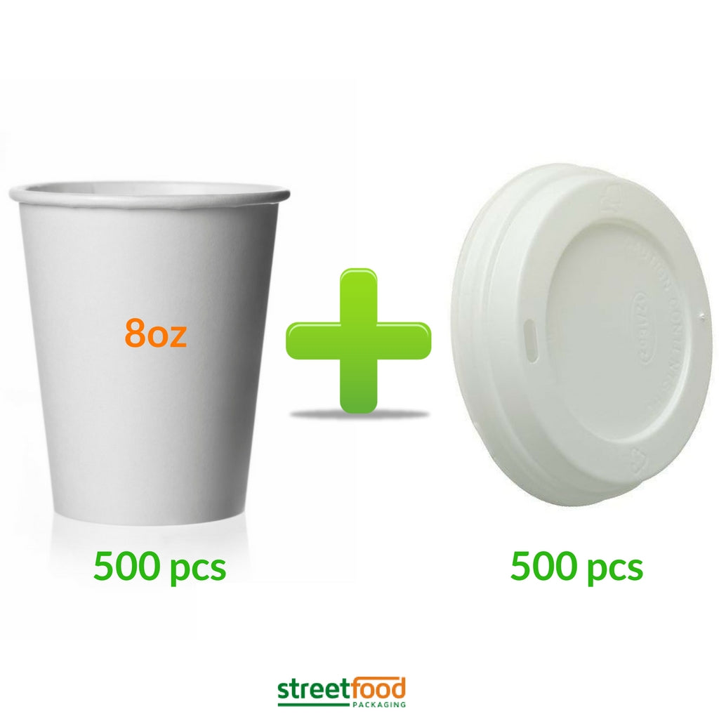 8oz Coffee Cups with white matching lids for coffee, beverage and cold drinks - 500 pcs