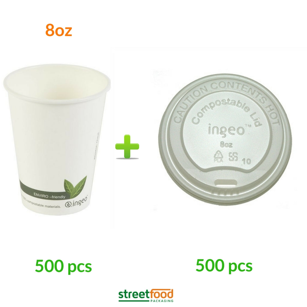8oz Compostable Coffee Cups with white matching lids for coffee, beverage and cold drinks - 500