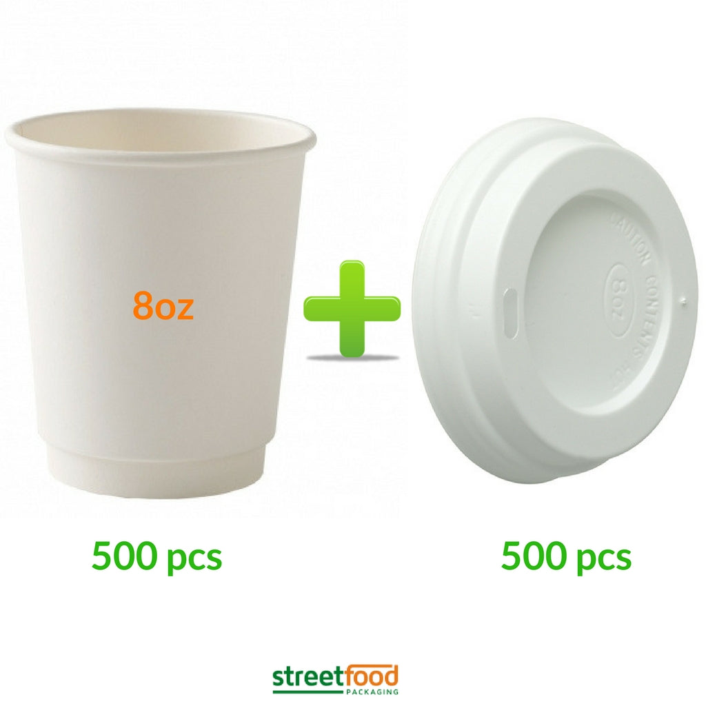 8oz White Double Wall Paper Coffee Cup, 500 pcs, Streetfood Packaging