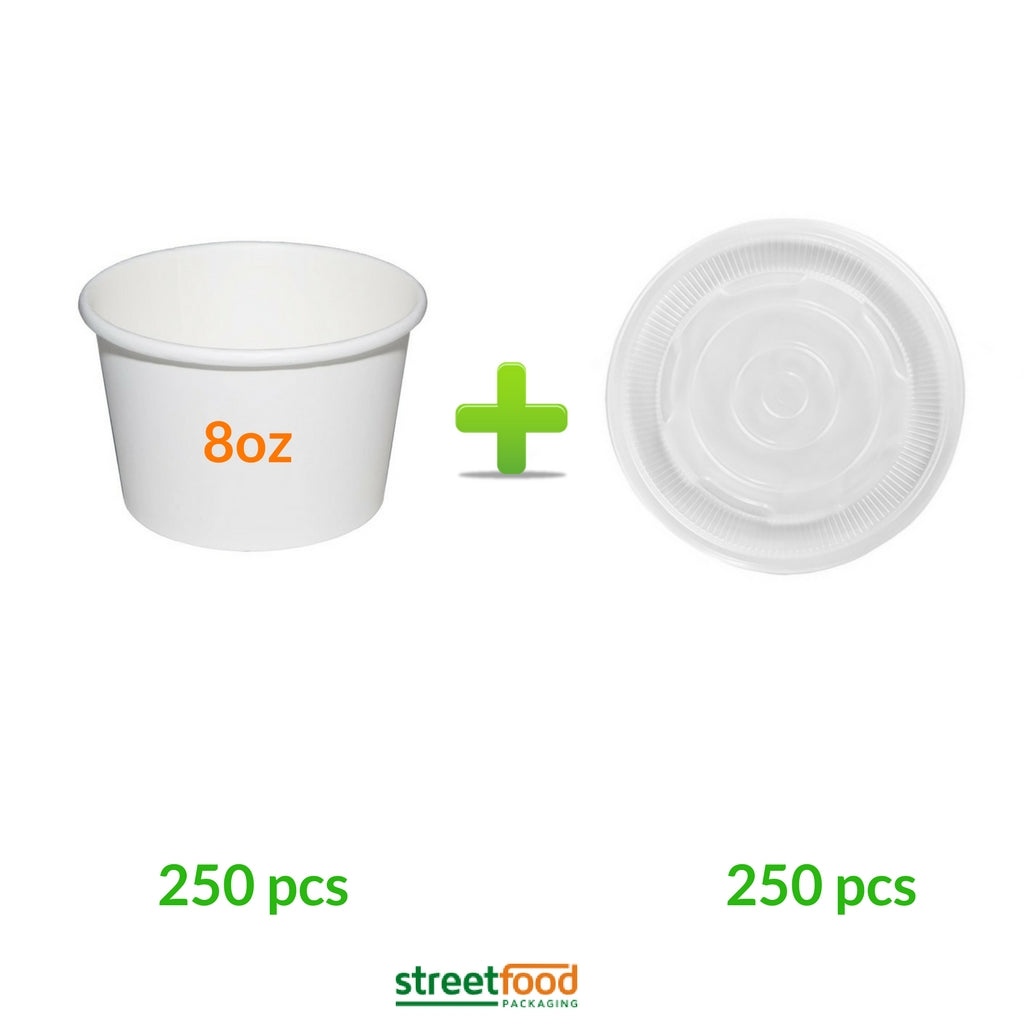 8oz White Soup Containers with Plastic Vented Lids -  250pcs